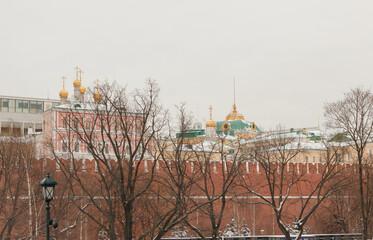 Moscow, Russia. The Kremlin wall. View from Alexander garden. Winter