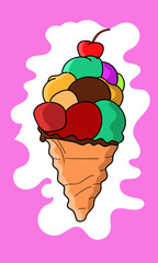 Ice cream cone full of colors flat vector illustration