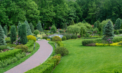Scenic view of the park in the center of the big city in the spring. In the atmosphere of natural light