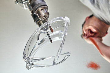 Work related injury while drilling hole in mirror.