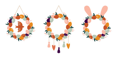Boho Easter concept design, Easter home decor, wreath set with bunnies, eggs, flowers and rainbows in pastel and terracotta colors, flat vector illustrations