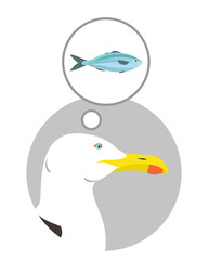 A seagull head on a gray background dreams of a fish. Oceanic vector seagull in profile thinks about food. Comic-style bubble drawing.