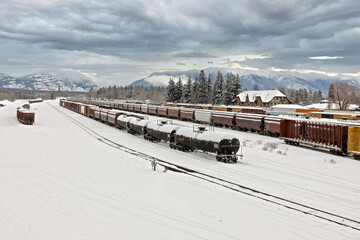 Train yard on a frigid winter morning, Whitefish, Montana