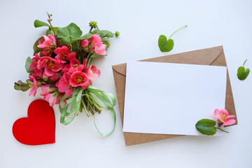 Happy Valentine's Day greeting card. flowers and red heart on white background