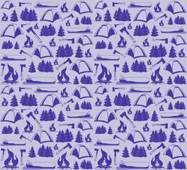 Endless seamless pattern on the theme of camping and hiking in the mountains. The pattern consists of tents, pine trees, bonfires, axes of various sizes.