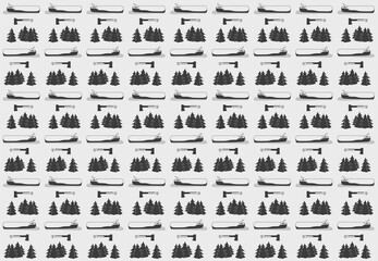 Endless seamless pattern on the theme of hiking and camping. Ax, a log with a branch and a fragment of the forest. Fir-trees and fallen tree.