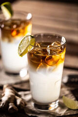 Dark n Stormy highball cocktail served as a long drink with rum, fresh lime juice, and ginger beer
