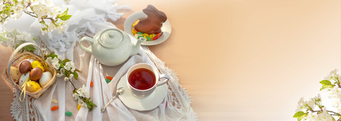 Still life Easter brunch in the garden outdoors