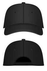 Baseball cap black template. Design template closeup in vector. Realistic back front and back view black baseball cap isolated on white background.