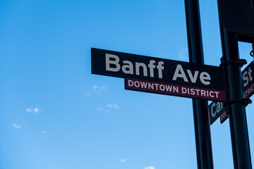 Fototapeta premium View of Banff Avenue road sign with blue sky in the background, Canada