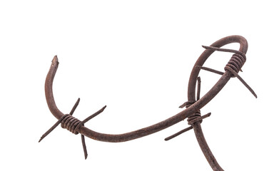 Old broken rusty barbed wire on the white background. Freedom concept