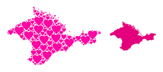 Love collage and solid map of Crimea. Collage map of Crimea composed with pink love hearts. Vector flat illustration for love concept illustrations.