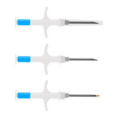 Syringes for pet microchipping with and without microchips. Veterinarian tools for dog or cat implant procedure. Concept of pets permanent ID. Vector flat illustration.