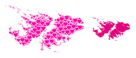 Love mosaic and solid map of Falkland Islands. Mosaic map of Falkland Islands is created with pink love hearts. Vector flat illustration for love abstract illustrations.