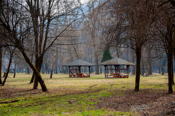 Beautiful park with benches, Vrelo Bosne in Bosnia and Herzegovina