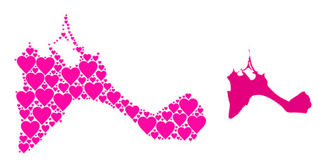 Love mosaic and solid map of Formentera Island. Collage map of Formentera Island is designed with pink valentine hearts. Vector flat illustration for dating conceptual illustrations.