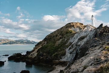 Lighthouse at the top of a cliff rock in Castle point. New Zealand landscape