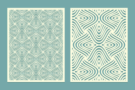 Die and laser cut screen panels with waves pattern. Laser cutting decorative lace borders patterns. Set of Wedding Invitation or greeting card templates.