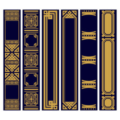 Set of Vertical ornaments for spines of books . Samples of roots of the book. Geometric vertical frames in the Art Deco style. Luxury gold and blue pattern.