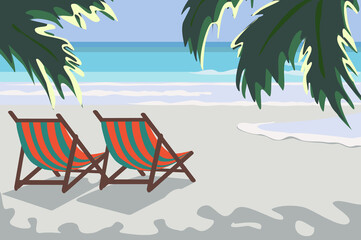 Obraz premium Landscape tropical coast sea shore with palms and two sun loungers sunny day wave sand sky sea vacation exotic cartoon Flat Vector illustration Seascape.