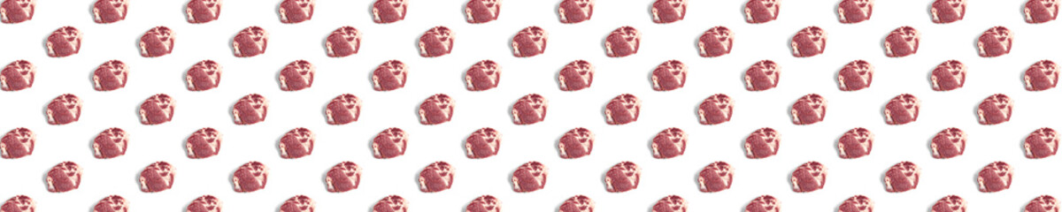 background with raw pork meat slices on white background, raw food background, not pattern, banner wide shoot