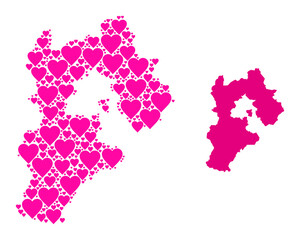 Love collage and solid map of Hebei Province. Mosaic map of Hebei Province created with pink love hearts. Vector flat illustration for love conceptual illustrations.