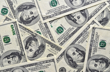 American money, banknotes of one hundred dollars.