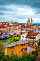 Aerial view on beautiful river Limmat and city center of Zurich, Switzerland