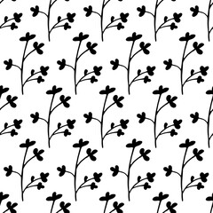 Hand drawn seamless pattern of elements. Floral background for concept design, wedding invitation, t-shirt, notebooks, textile, hipster pattern. Black flowers at white background.  