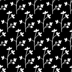 Hand drawn seamless pattern of elements. Floral background for concept design, wedding invitation, t-shirt, notebooks, textile, hipster pattern. White flowers at black background. JPEG image.