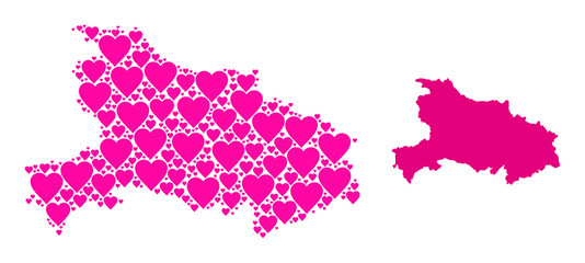 Love collage and solid map of Hubei Province. Collage map of Hubei Province composed with pink lovely hearts. Vector flat illustration for love conceptual illustrations.