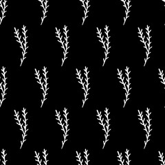 Hand drawn seamless pattern of elements. Floral background for concept design, wedding invitation, t-shirt, notebooks, textile, hipster pattern. White flowers at black background. JPEG image.