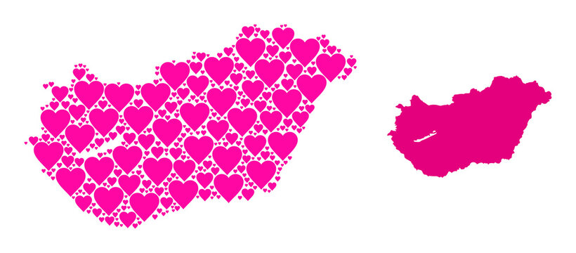 Love mosaic and solid map of Hungary. Mosaic map of Hungary is formed with pink hearts. Vector flat illustration for marriage conceptual illustrations.