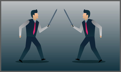 Vector illustration of two business men fighting with swords on a gray background
