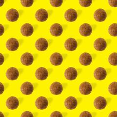 coconut Seamless pattern. Tropical abstract background with isolated Coconut on yellow background. flat lay.