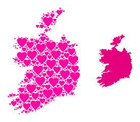 Love mosaic and solid map of Ireland Republic. Mosaic map of Ireland Republic composed with pink lovely hearts. Vector flat illustration for dating abstract illustrations.