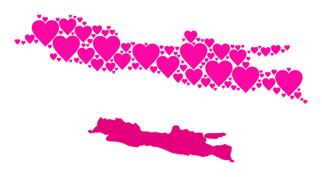 Love mosaic and solid map of Java Island. Mosaic map of Java Island formed with pink love hearts. Vector flat illustration for marriage concept illustrations.