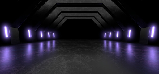 Sci Fy neon lamps in a dark tunnel. Reflections on the floor and walls. 3d rendering image.