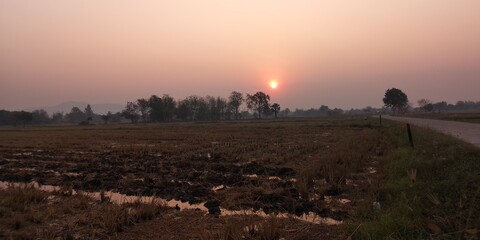 Beautiful Light of Sunrise ,reflection and silhouette in the morning