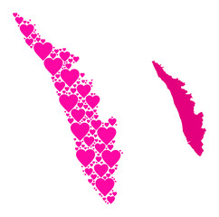 Love mosaic and solid map of Kerala State. Mosaic map of Kerala State is created from pink lovely hearts. Vector flat illustration for dating abstract illustrations.