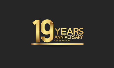 19 years anniversary celebration with elegant golden color isolated on black background can be use for special moment, party and invitation event