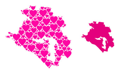 Love mosaic and solid map of Krasnodarskiy Kray. Mosaic map of Krasnodarskiy Kray is created with pink lovely hearts. Vector flat illustration for love abstract illustrations.