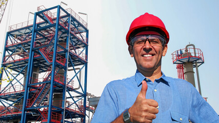 Smiling Petroleum Engineer Standing in front of Oil and Gas Refinery
