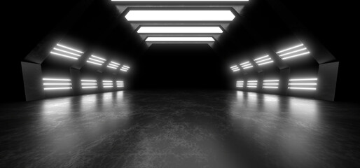 A dark corridor lit by white neon lights. Reflections on the floor and walls. 3d rendering image.
