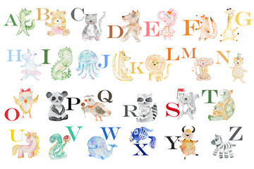 Fototapeta premium English alphabet with watercolor animals. Children's illustration.