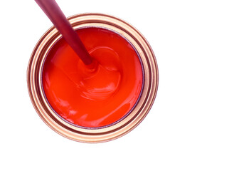
Top view of red paint can on white background with mixer.