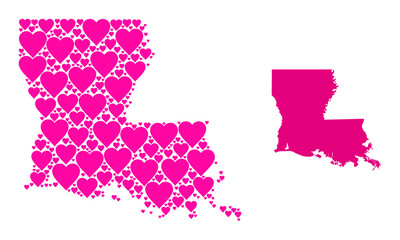 Love mosaic and solid map of Louisiana State. Mosaic map of Louisiana State is formed from pink lovely hearts. Vector flat illustration for love conceptual illustrations.