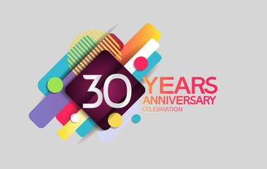 30 years anniversary colorful design with circle and square composition isolated on white background can be use for party, greeting card, invitation and celebration event
