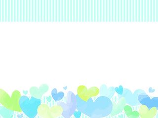 ハートのイラストのフレーム背景、水彩風、青色系
