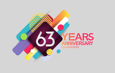 63 years anniversary colorful design with circle and square composition isolated on white background can be use for party, greeting card, invitation and celebration event